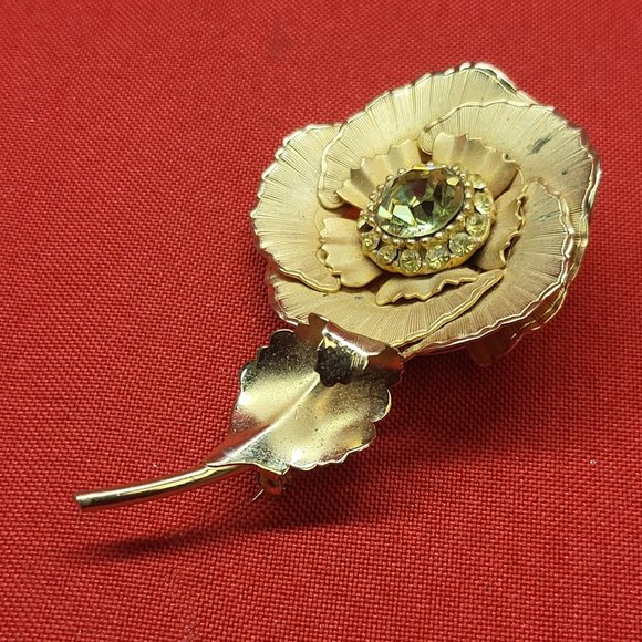 VTG Flower Leaf Brooch Pin Gold Tone Yellow Glass Stone - Picture 7 of 11